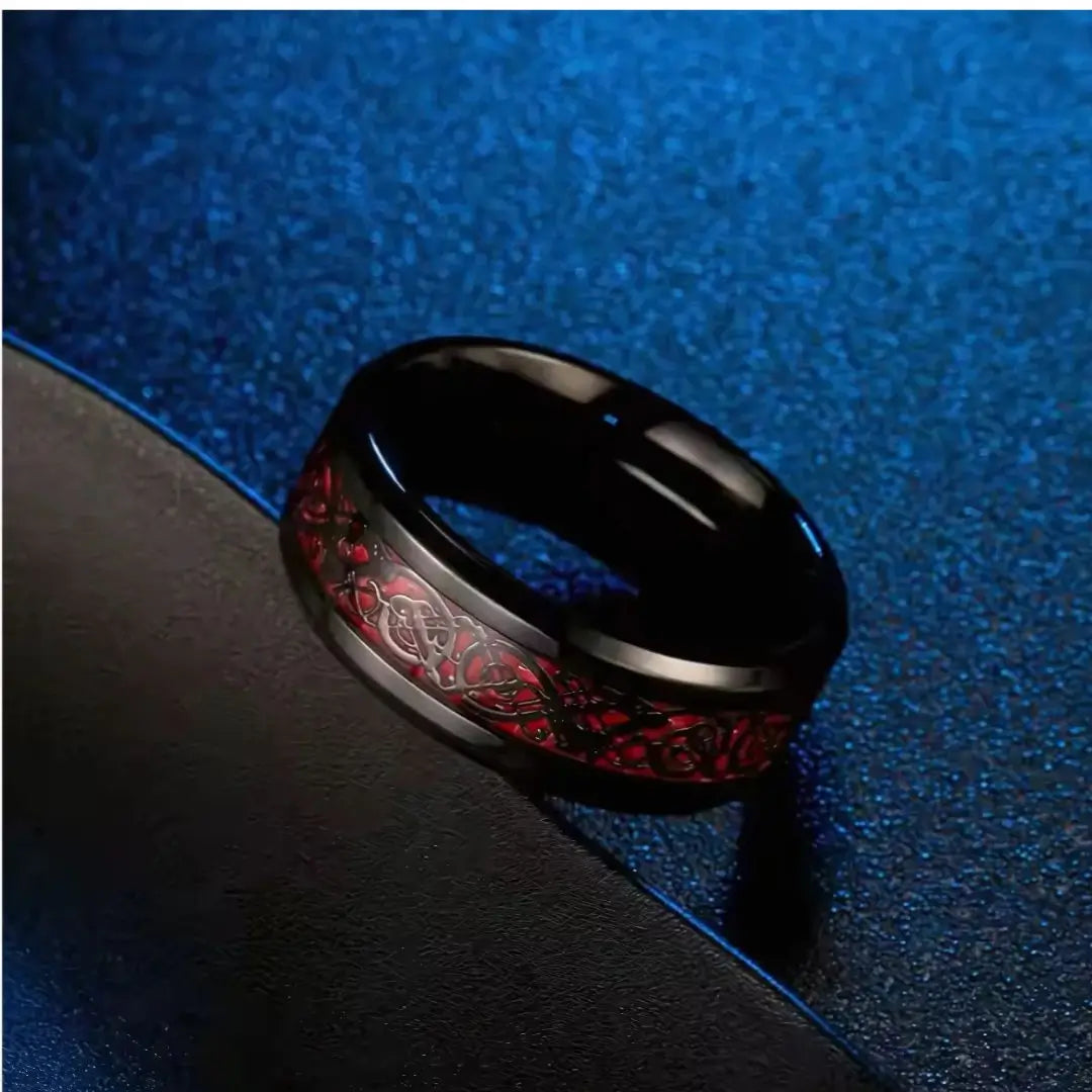 Anillo de Tungsteno Rojo Inspiración Vikinga