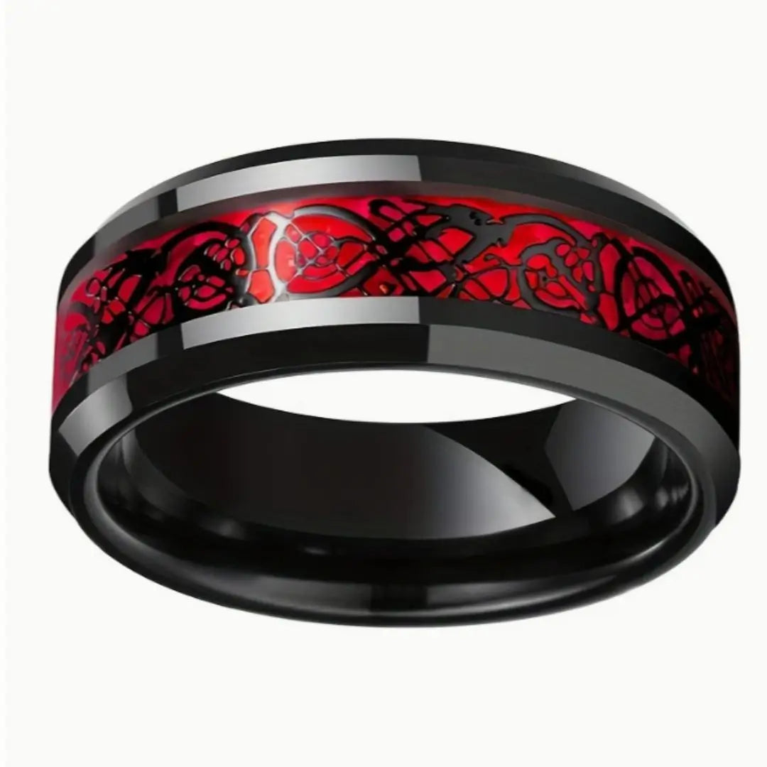 Anillo de Tungsteno Rojo Inspiración Vikinga
