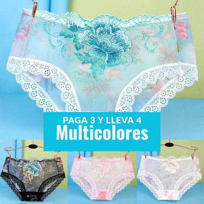 Panty de Algodón Antibacterial con Bordado de Encaje X4