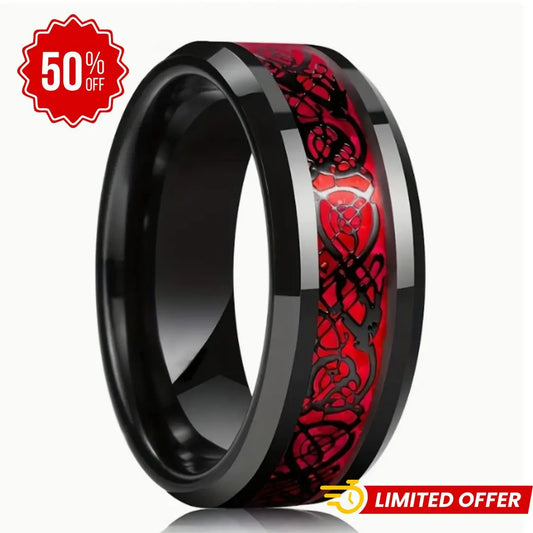 Anillo de Tungsteno Rojo Inspiración Vikinga