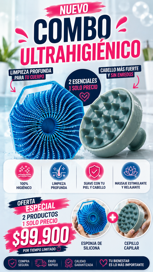 Combo Esponja de Silicona UltraHigienica + Cepillo Capilar.