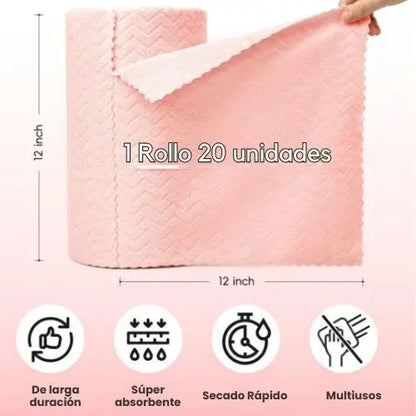 Paños de limpieza de microfibra en rollo (Rollo de 20), 30 x 30 cm, ultra absorbentes y reutilizables