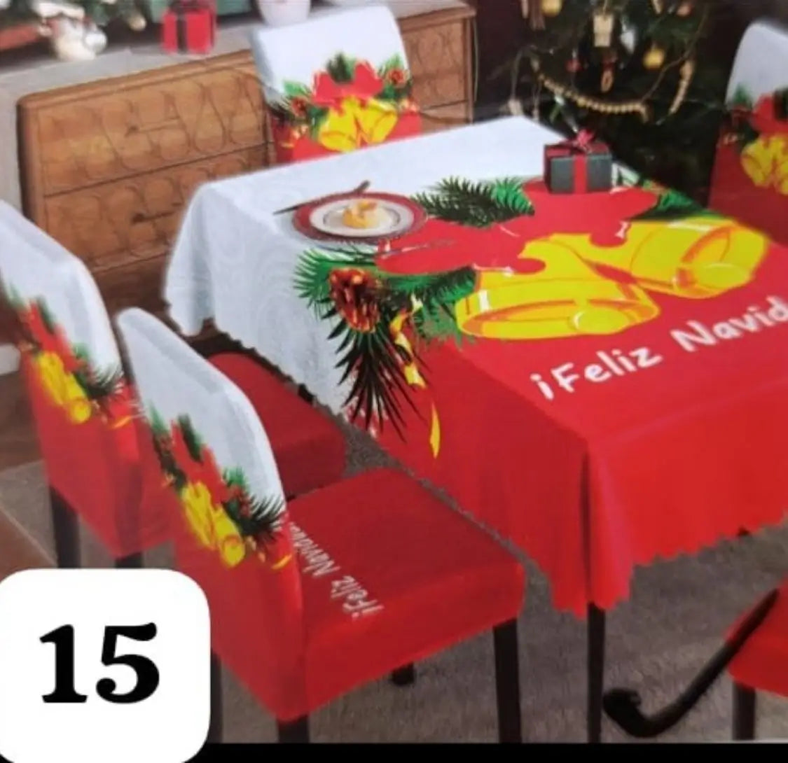 Set Navidad BrilloFest: 1 Mantel Lavable + 6 Forros Decorativos