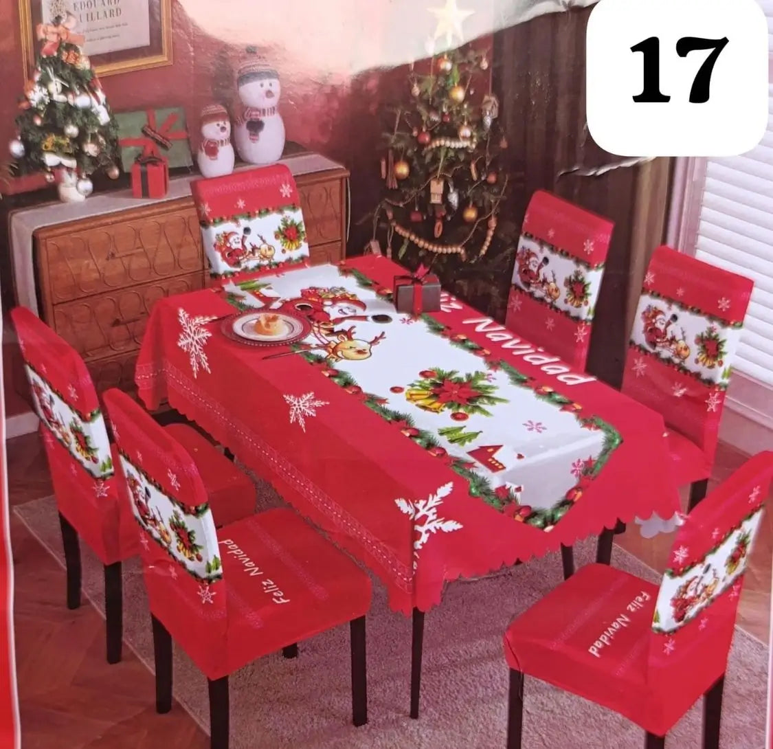 Set Navidad BrilloFest: 1 Mantel Lavable + 6 Forros Decorativos