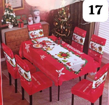 Set Navidad BrilloFest: 1 Mantel Lavable + 6 Forros Decorativos