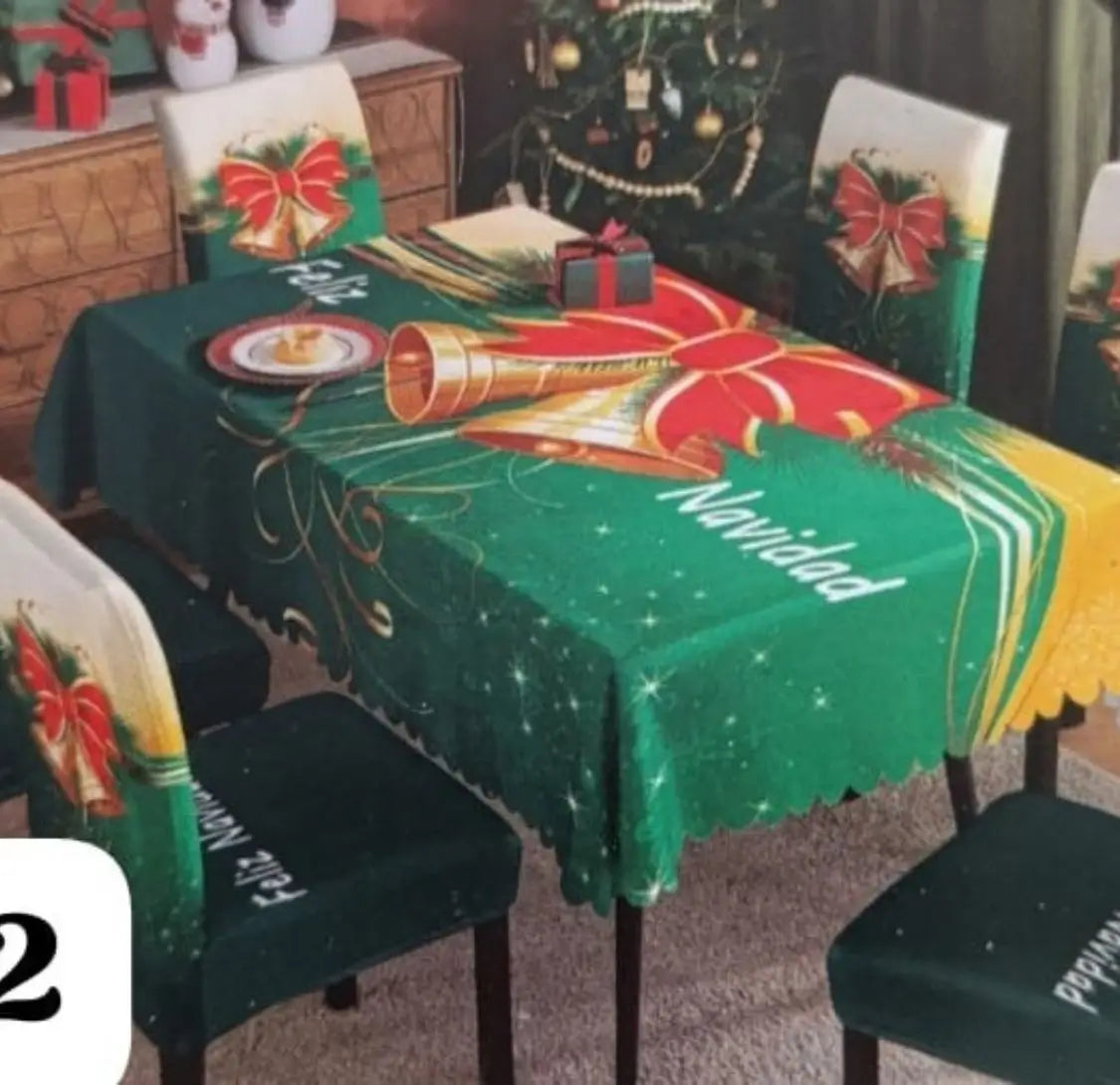 Set Navidad BrilloFest: 1 Mantel Lavable + 6 Forros Decorativos