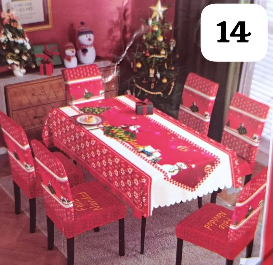Set Navidad BrilloFest: 1 Mantel Lavable + 6 Forros Decorativos