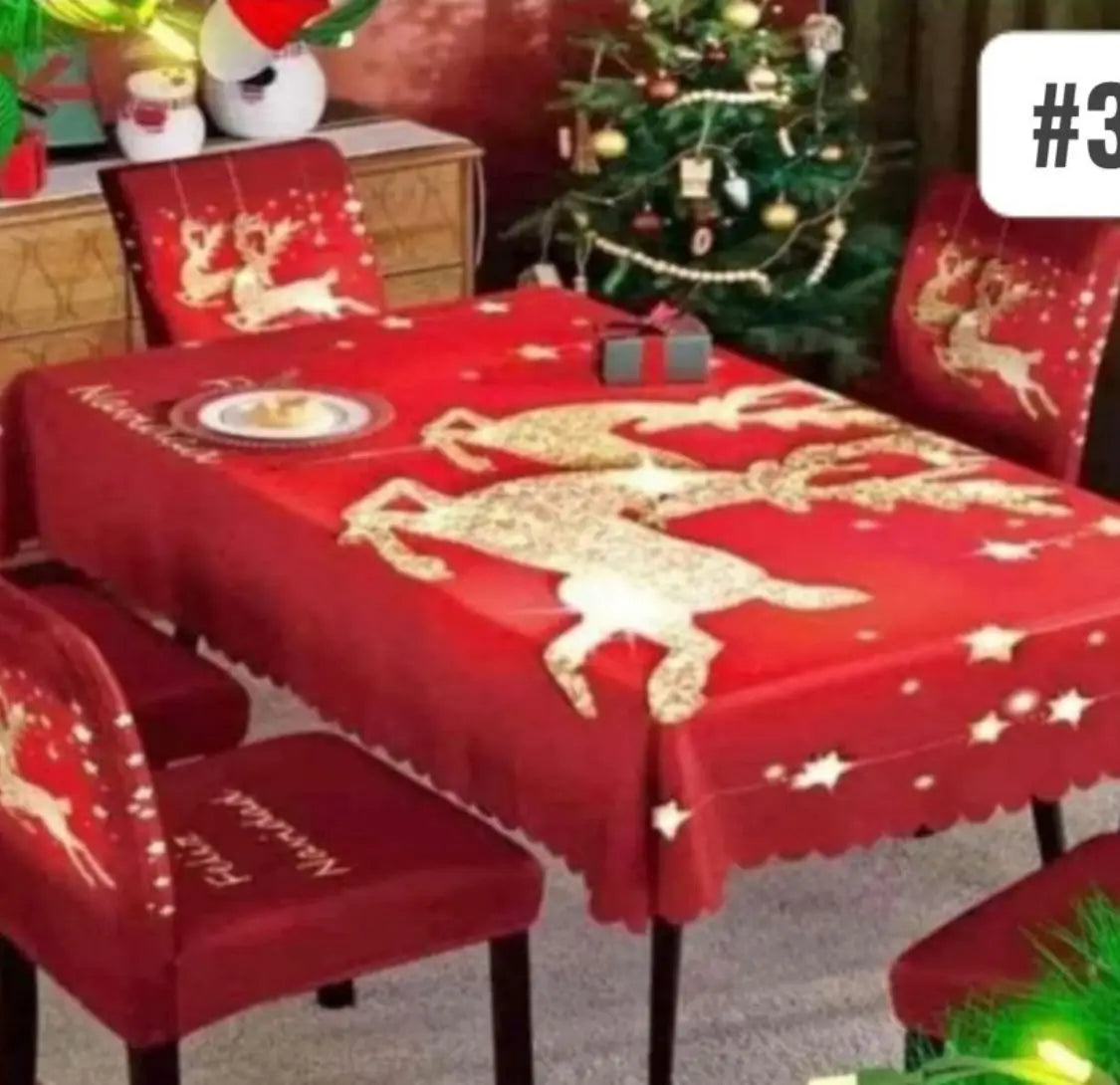 Set Navidad BrilloFest: 1 Mantel Lavable + 6 Forros Decorativos