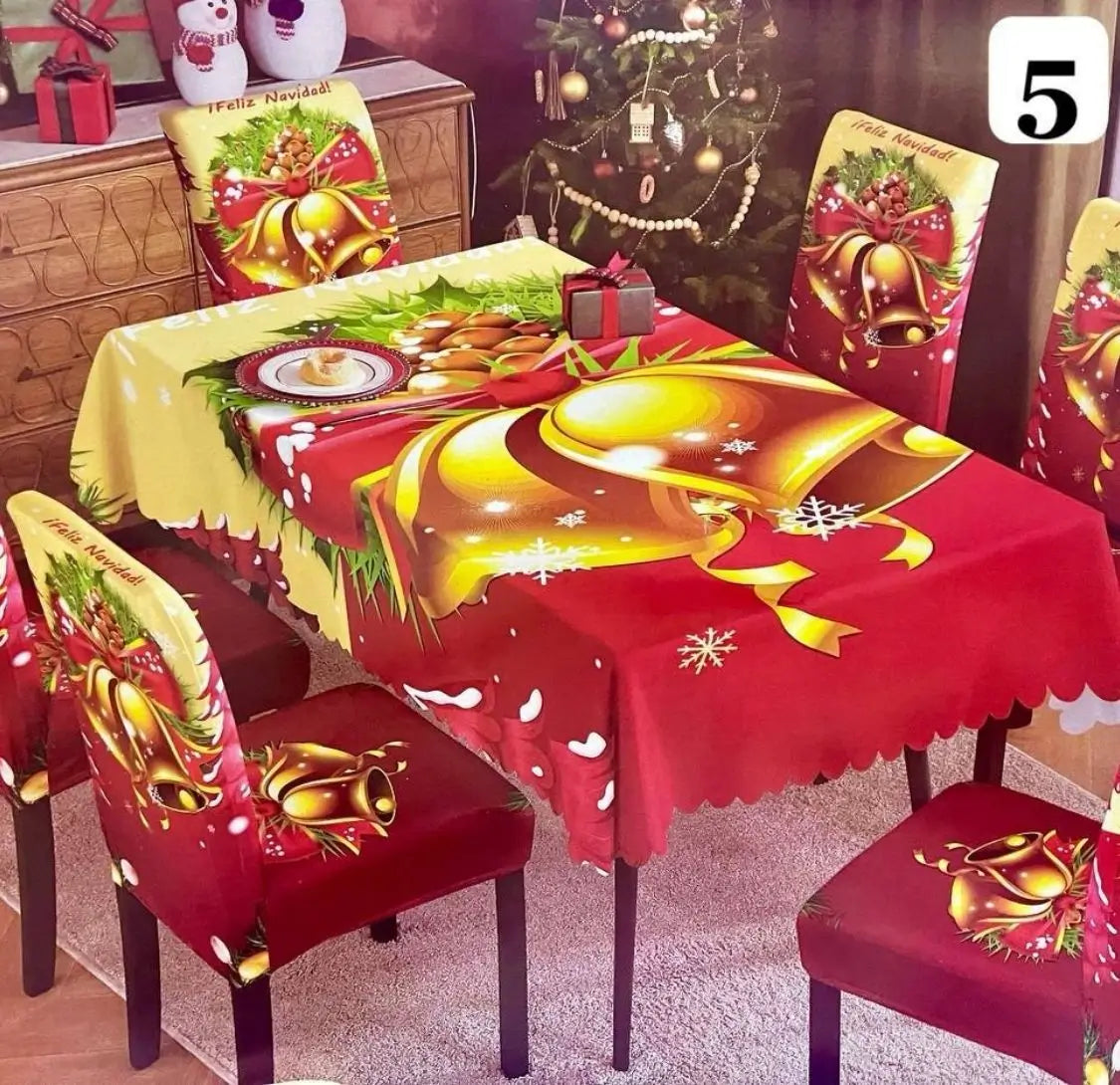 Set Navidad BrilloFest: 1 Mantel Lavable + 6 Forros Decorativos